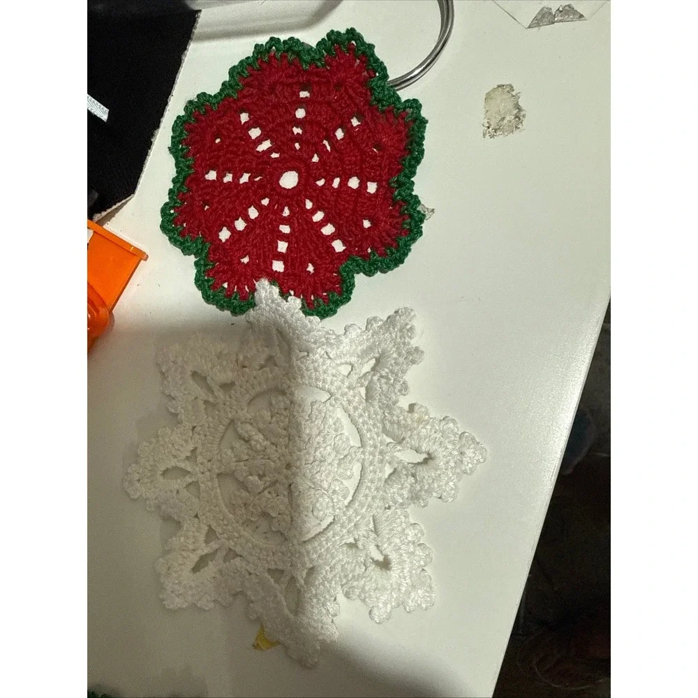 Handmade Crochet Christmas Coasters White Snowflake Red Green Poinsettia Set 3